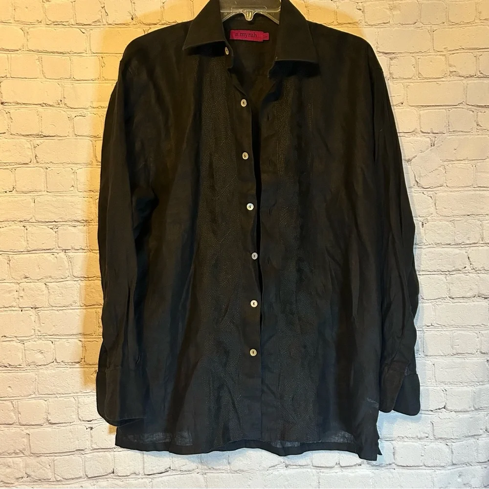 A. Myrah black linen blend button front shirt, L - Picture 1 of 4